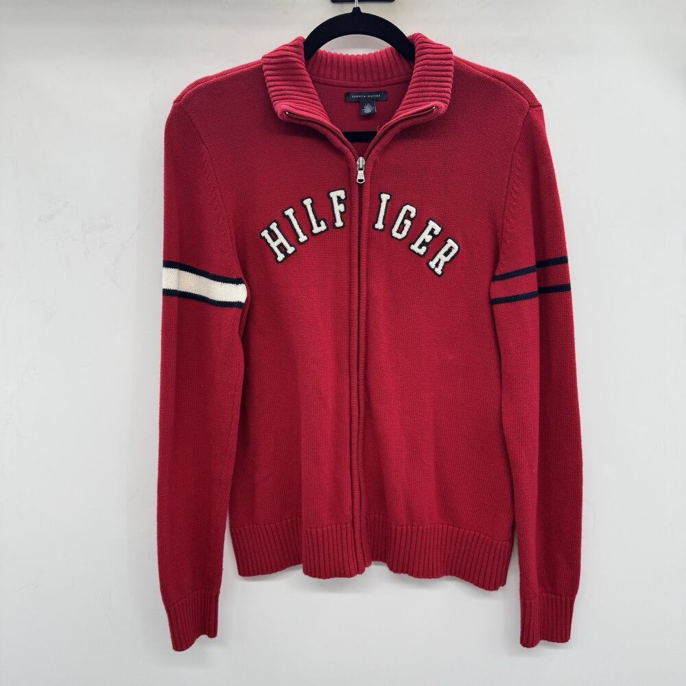Tommy Hilfiger Full Zip Spell Out Cotton Sweater Mens L Red Preppy Puffy Y2K